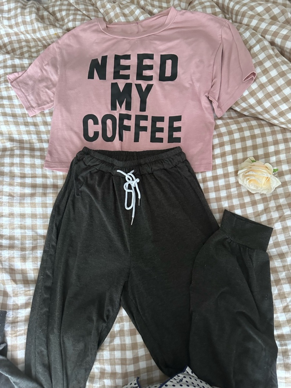 Need My Coffee Pink Graphic Tee with Black Lounge Pants